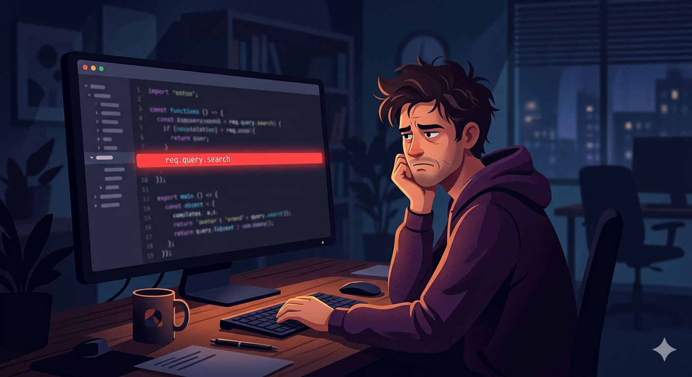 Ilustración conceptual de un request HTTP en Express 5 donde el query params queda fuera del middleware de validación con Zod