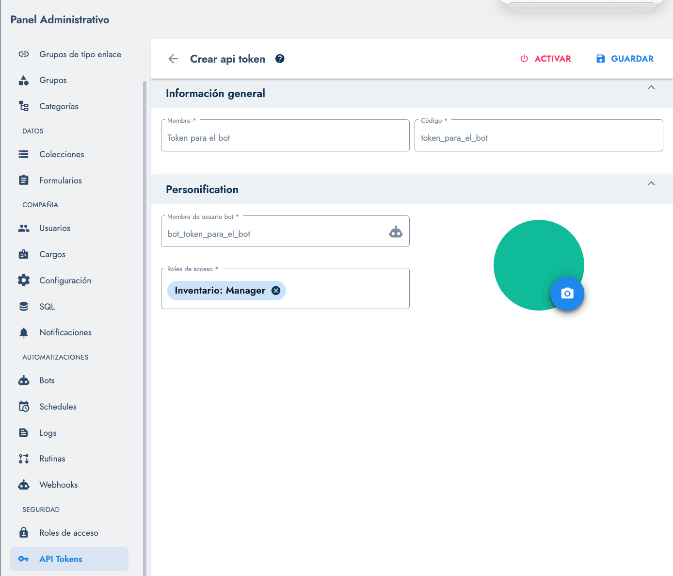Panel de API Tokens en Cotalker para generar tokens de autenticación para invocaciones externas