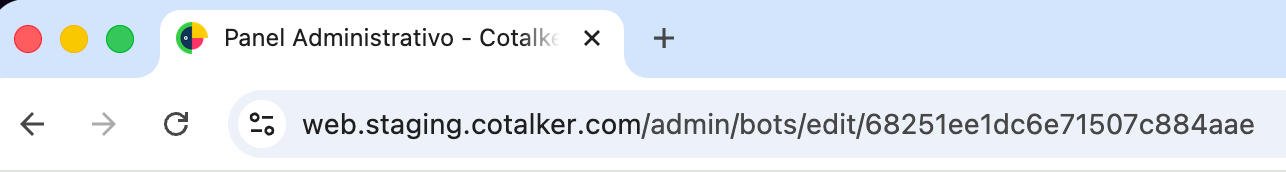 URL del panel de administrador mostrando el BOT_ID necesario para construir el endpoint del bot