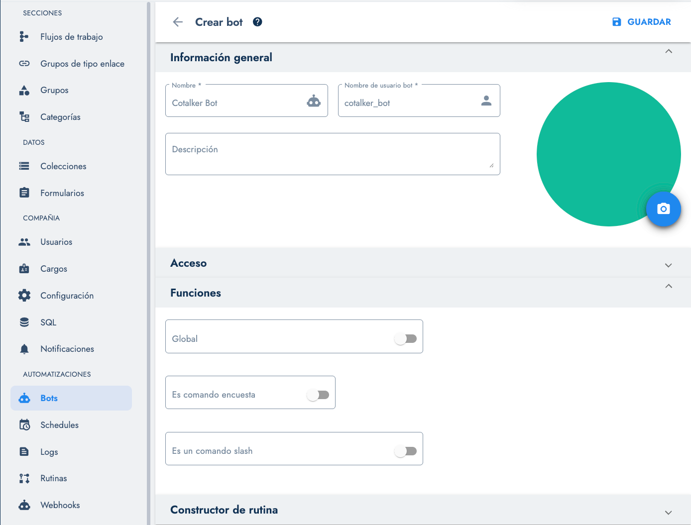 Panel de administrador de Cotalker mostrando la configuración de un bot con su rutina asociada