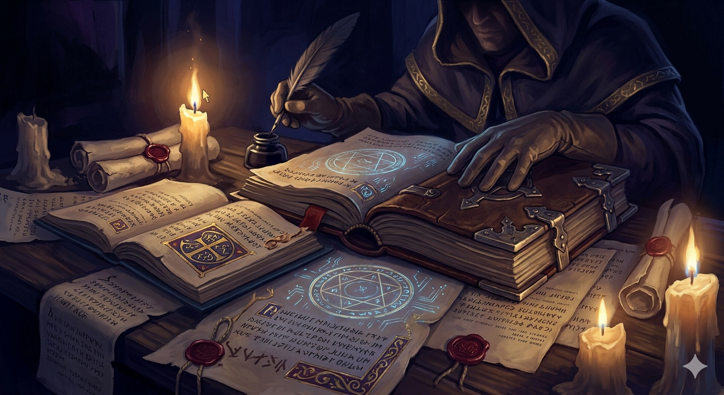 Grimorio antiguo abierto sobre un escritorio rodeado de pergaminos. Representa el contraste entre formularios con prefijo y sin prefijo en Cotalker.