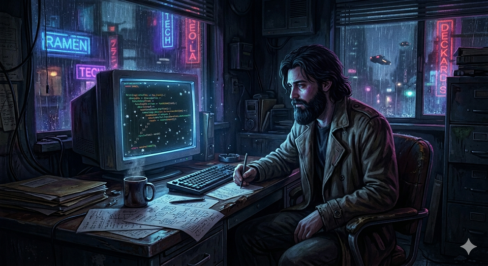 Ilustración noir de un detective digital frente a una terminal con código de Snowflake, representando un caso de integración con bases de datos en la nube