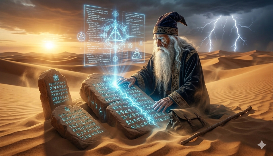 Ilustración de un sabio archimago encontrando piedras místicas con diversos hechizos, representando los métodos $CODE perdidos