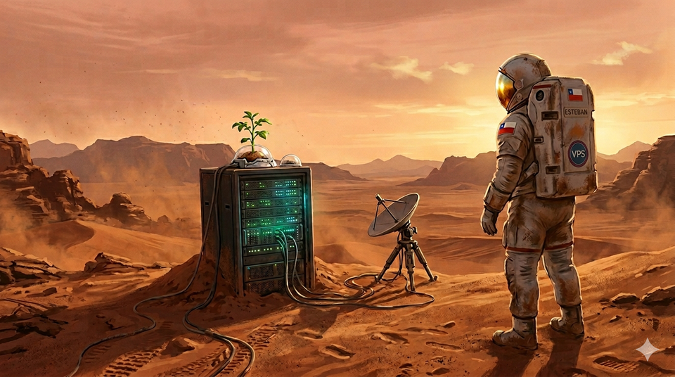 Ilustración estilo The Martian de un astronauta frente a un servidor en un paisaje desértico, representando la decisión de mantener infraestructura propia